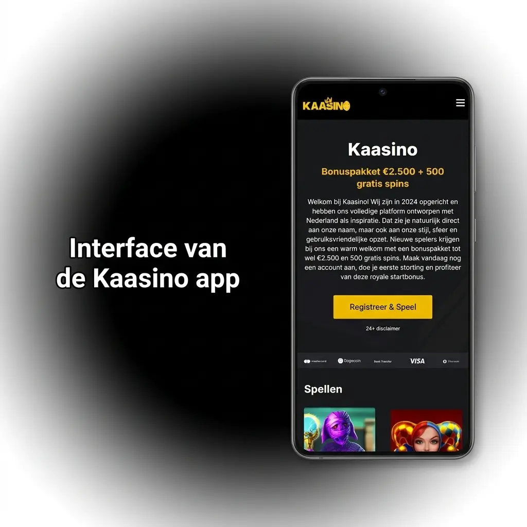 Interface van de Kaasino app met donker kleurenschema en groene accenten
