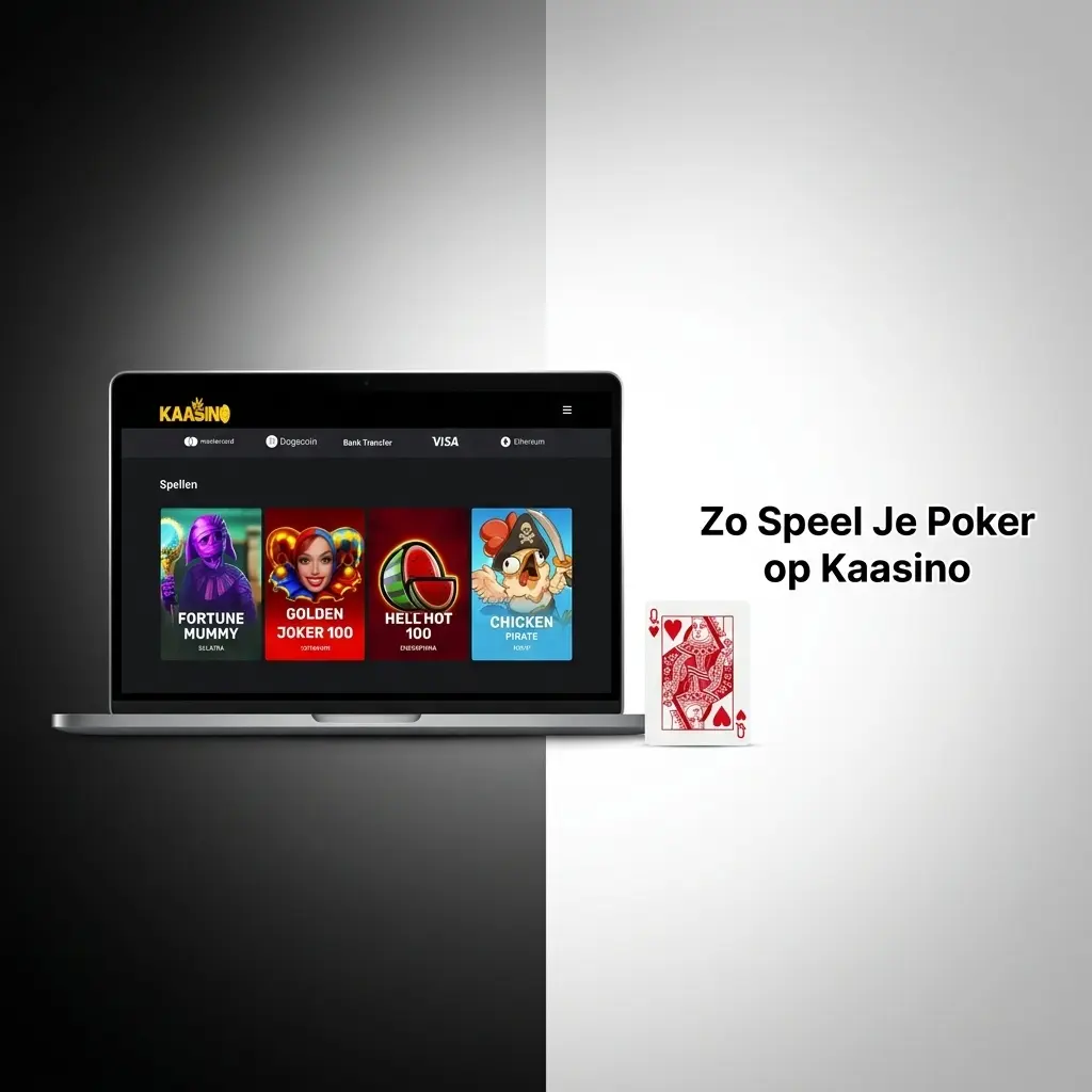Stappenplan om poker te spelen op Kaasino: registreren, verifiëren, storten en direct een pokervariant kiezen.